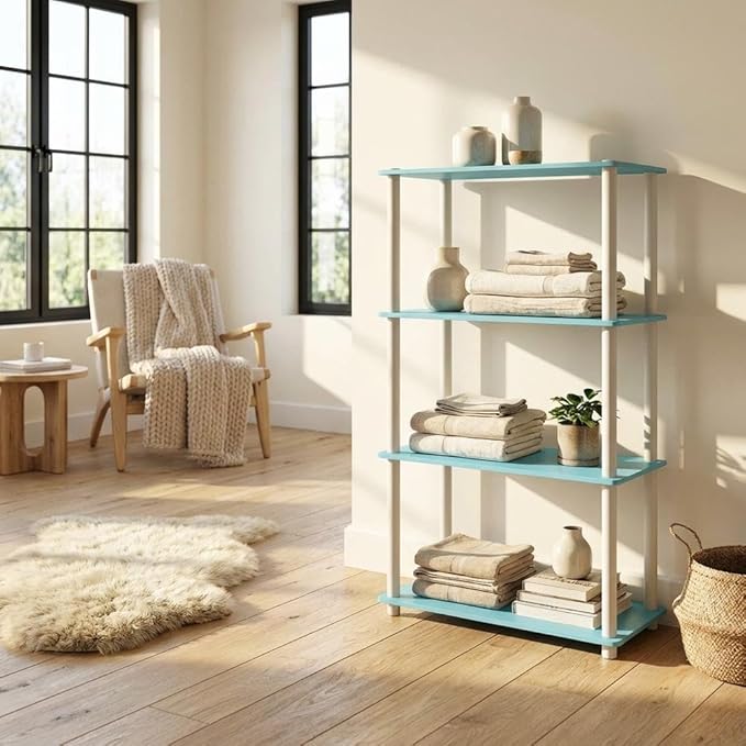 Furnifact Light Blue White Bookcase with Durable Wood Construction, Modern Design, Versatile Storage, Stylish Home Office and Living Room Decor