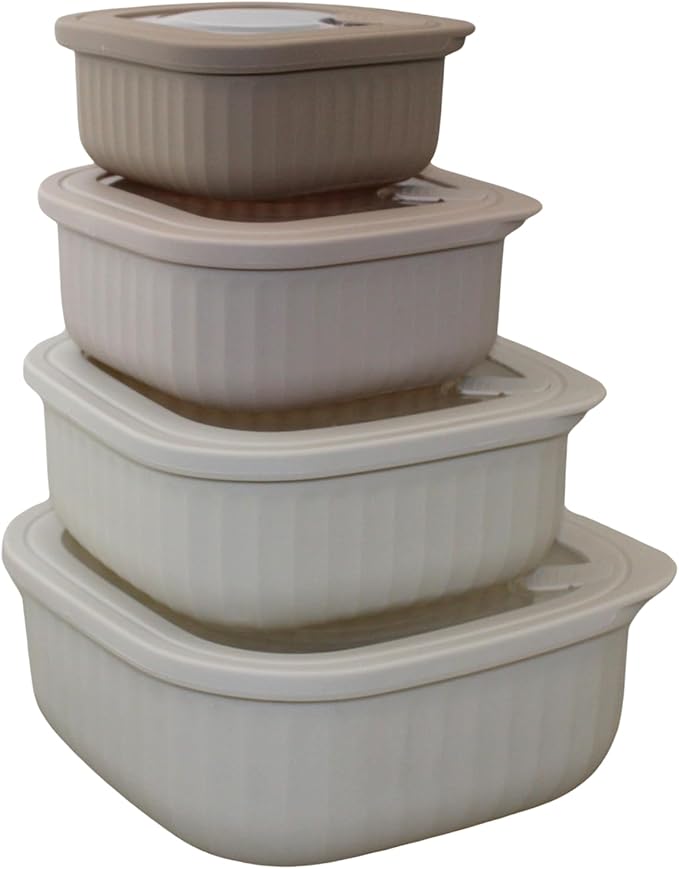 Set of 4 BPA-Free Square Food Storage Containers Vented Lids Assorted Sizes, Microwave & Freezer Safe Nesting Design for Leftovers Meal Prep Fridge Organization Dry Grains (Ivory)