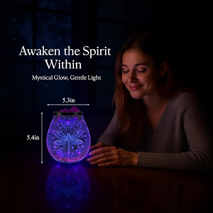 Leyoue 3D Glass Fireworks Electric Wax Melt Warmer with PTC Heating Plate 7 Colors LED Changing Light Wax Burner Melter Fragrance Warmer for Home (Dragonfly)