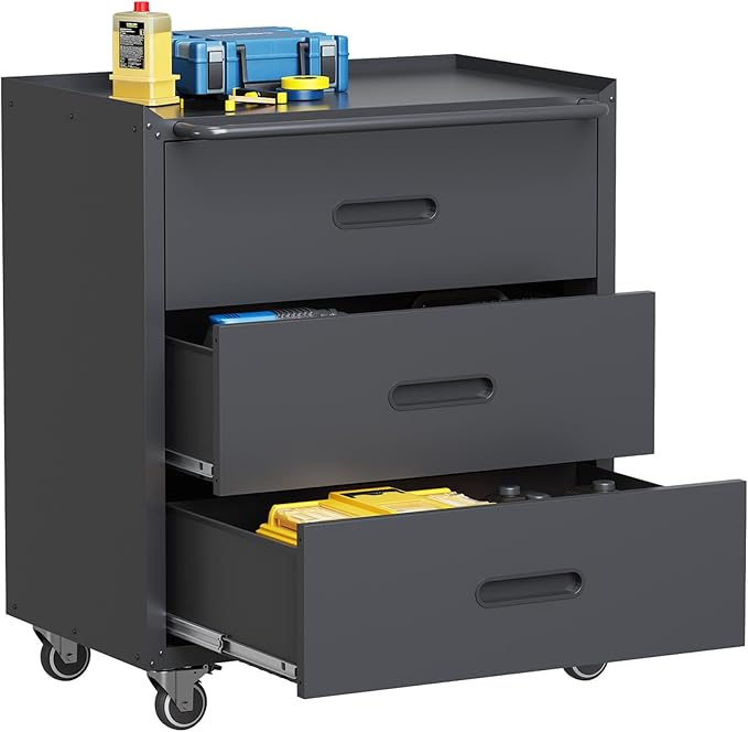 Garage Storage Cabinets with Wheels, Locking Metal Storage Cabinets with 3 Drawers, Easy Assembly Rolling Tool Cabinet for Garage, Basement,Warehouse