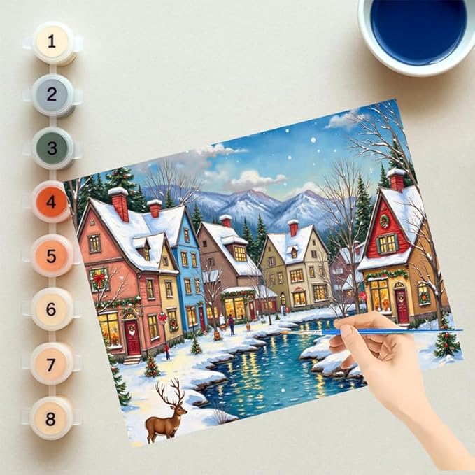 EnLvYY Christmas Village Paint by Numbers Adult 16x20 Inch, DIY Acrylic Painting Kit for Beginners, Winter Town Landscape Wall Art Home Decoration, Gift for Family and Friends, Unframed
