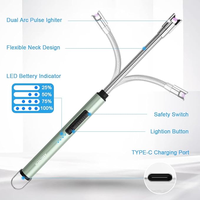ARECTECH Electric Arc Candle Lighter Flameless Rechargeable USB Long Lighters for Candle Cooking BBQs Fireworks Green 2 Pack