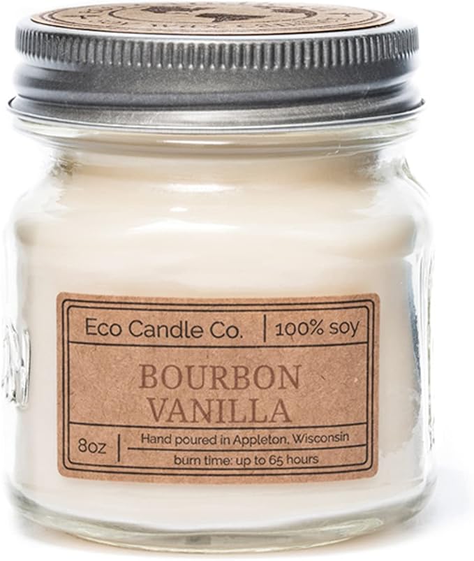 Eco Candle Co. Mason Jar Candle, Bourbon Vanilla, 8 oz. - Scents of Bourbon, Vanilla, Tonka Bean, Cedarwood, & Cardamom - 100% Soy Wax, Kraft Label & Antiqued Pewter Lid, Hand Made, Midwest Soybeans