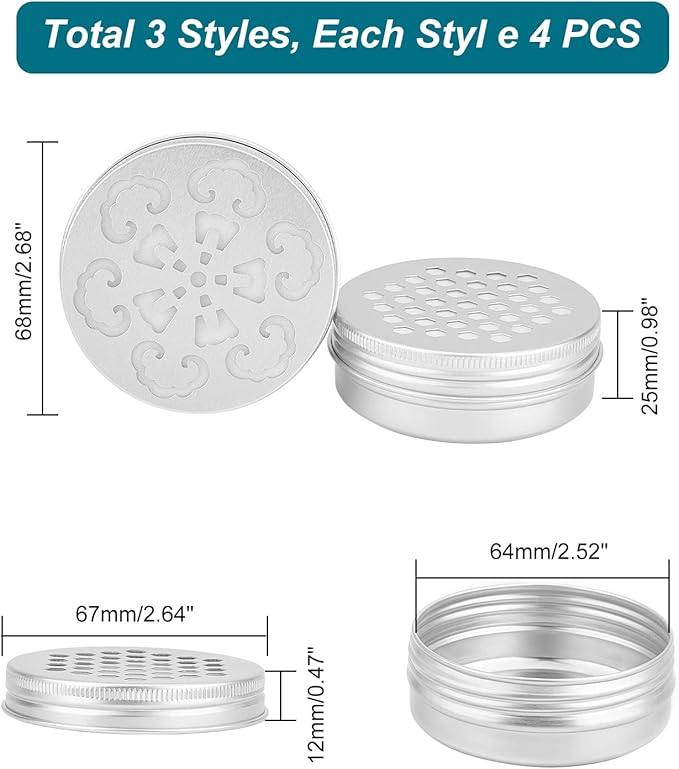 PH PandaHall 2 Ounce Aluminium Tins, 12pcs 3 Styles Empty Storage Containers with Hollow Lids 60ml Screw Lid Round Jars Sample for Aromatherapy Air Freshener Candles Travel Storage