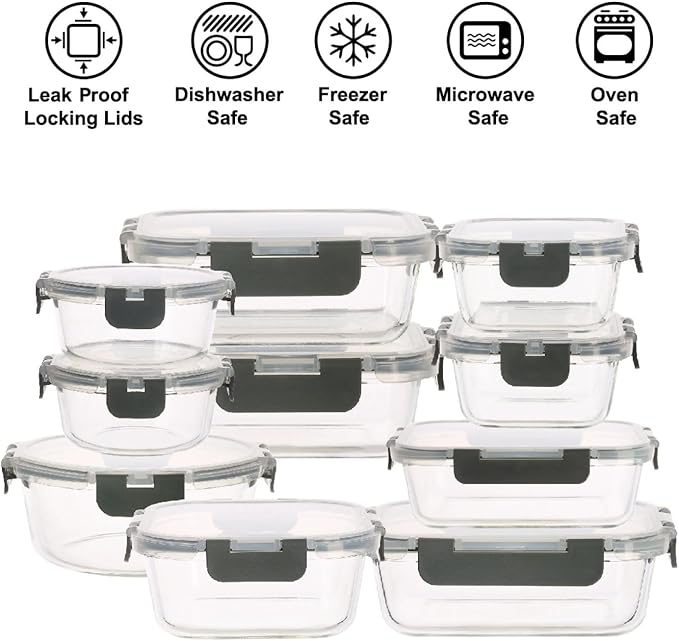 20-Piece Glass Food Storage Containers with Airtight Leakproof Lids - 10 Bowls & 10 Lids, BPA-Free Meal Prep Lunch Containers | Oven, Microwave, Freezer & Dishwasher Safe