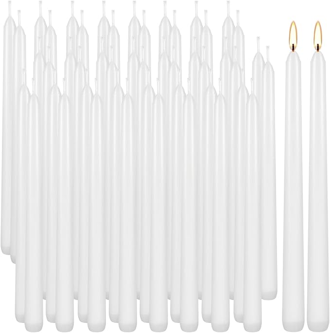 50 Pack White Taper Candles, 7-8 Hours Burn Time, Unscented, Smokeless and Dripless, 4/5 x 10 Inch for Christmas,Household,Dinner,Wedding,Valentine's Day,Party and Home Décor Candlesticks