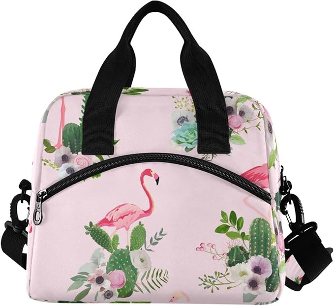 CBBYY Flamingo and Cactus Flowers Lunch Bags for Women Men, Reusable Insulated Lunch Box, Adjustable Shoulder Straps Tote Lunch Bag for Work Picnic School