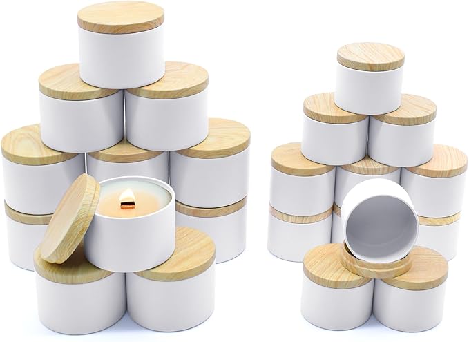 24-Pack Candle Jars, 12pcs 8oz + 12pcs 4oz Candle Tins with Metal Wood-Grain Printing Lids, Empty Candle Jars for Making Candles Bulk Candle Containers - White