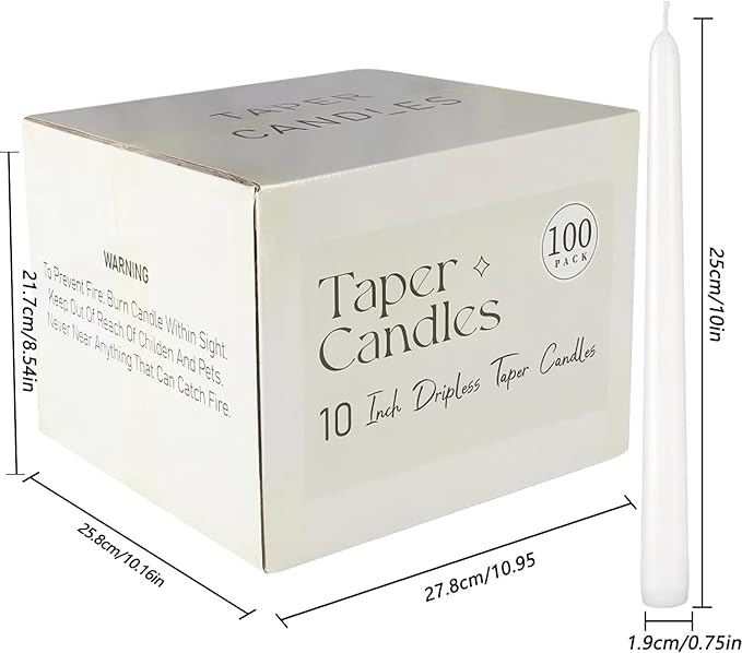 100Pack White Taper Candles, 7-8 Hours Burn Time, Unscented, Smokeless and Dripless, 0.75 x 10 Inch Dinner Candle Set for Household, Wedding, Party and Home Décor Candlesticks