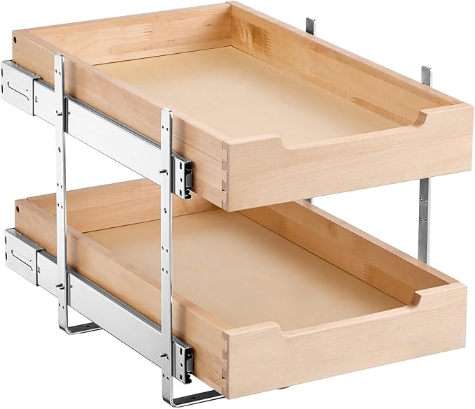 VEVOR 2 Tier Pull Out Cabinet Organizer, 14" W x 21" D Cabinet Drawer, Soft Close Slide out Shelf, Heavy-Duty Sliding Wood Drawer, Adjustable Base Cabinet Organization for Kitchen Pantry Bathroom
