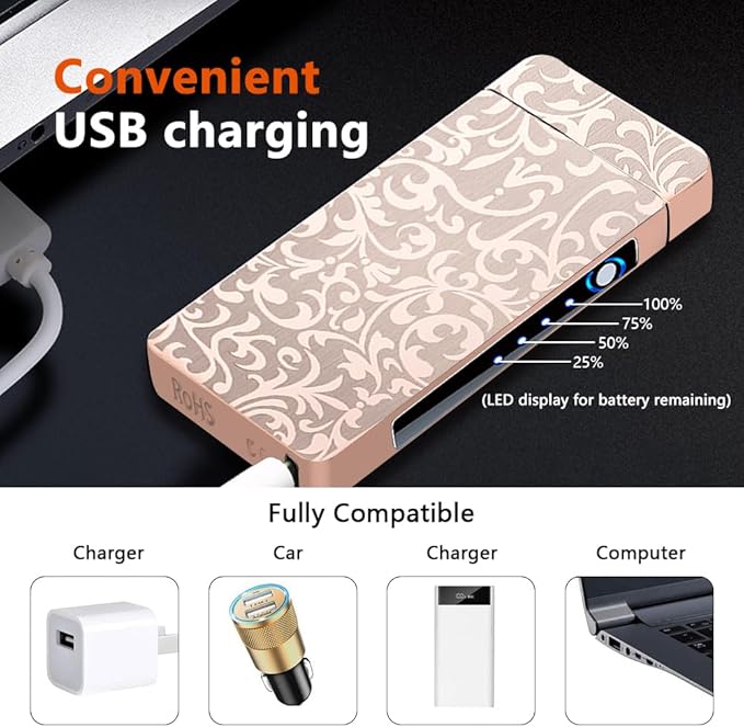 Fortune Flower Electric Lighter Rechargeable Windproof Flameless Plasma Arc Deluxe Metal Dazzling Lighter for Lighting Candles Incense Burners