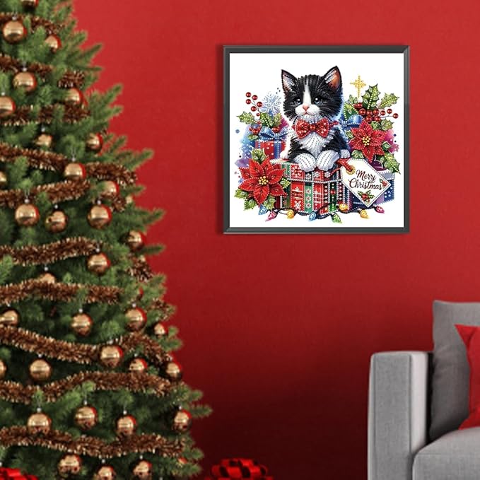 Xmas Gift Cat 5D Special Shape Diamond Art Kits for Beginners, Christmas Winter Theme Diamonds Painting Kits for Adults,DIY Crystal Rhinestones Diamond Paintings for Home Wall Decor 12×12Inch