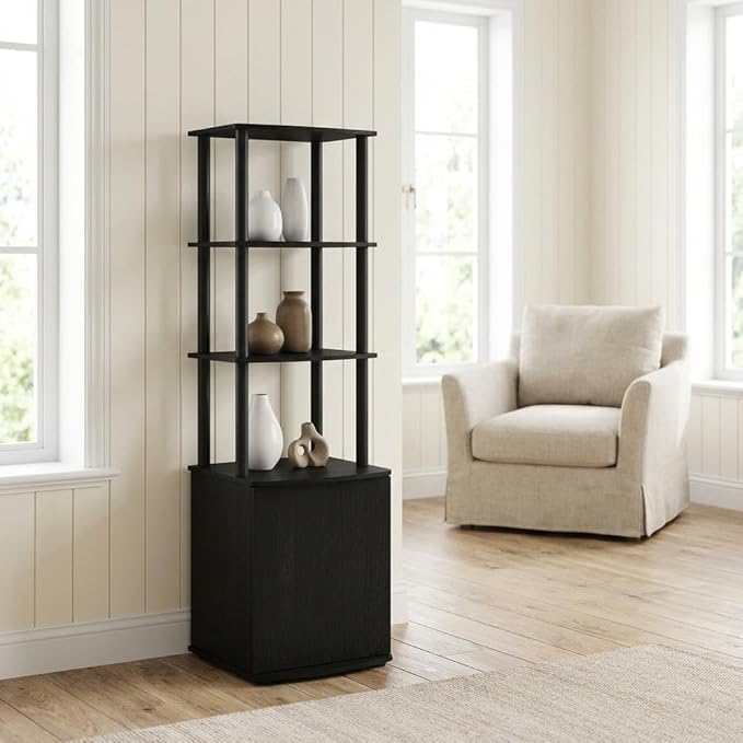 Furnifact Blackwood and Black 3 Tier TV Stand, Modern Living Room Media Console with Storage Cabinet, Wooden Construction and Sleek Entertainment Design