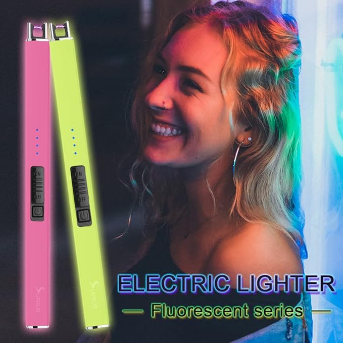 SUPRUS Fluorescent Lighter Glows in The Dark Electric Lighter Candle Lighter Rechargeable USB Arc lighters with Safety Lock Windproof Flameless Plasma for Candle BBQ Camping (Blue)