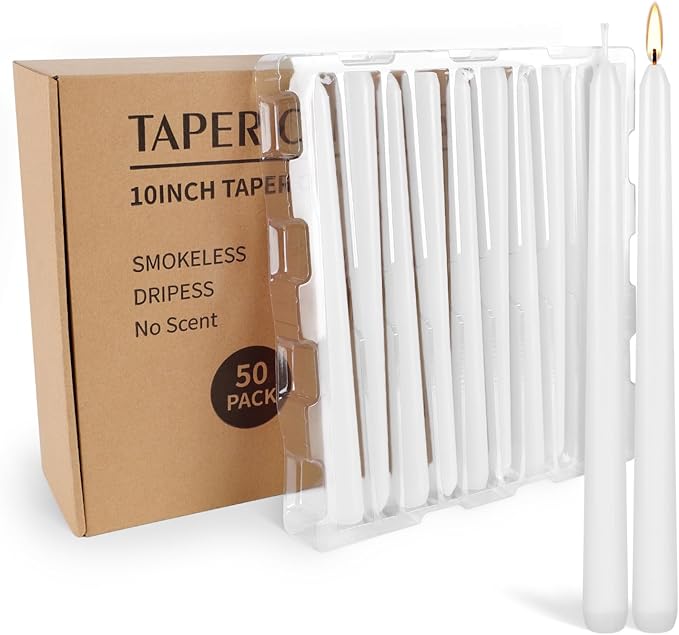 50 Pack White Taper Candles, 7-8 Hours Burn Time, Unscented, Smokeless and Dripless, 4/5 x 10 Inch for Christmas,Household,Dinner,Wedding,Valentine's Day,Party and Home Décor Candlesticks