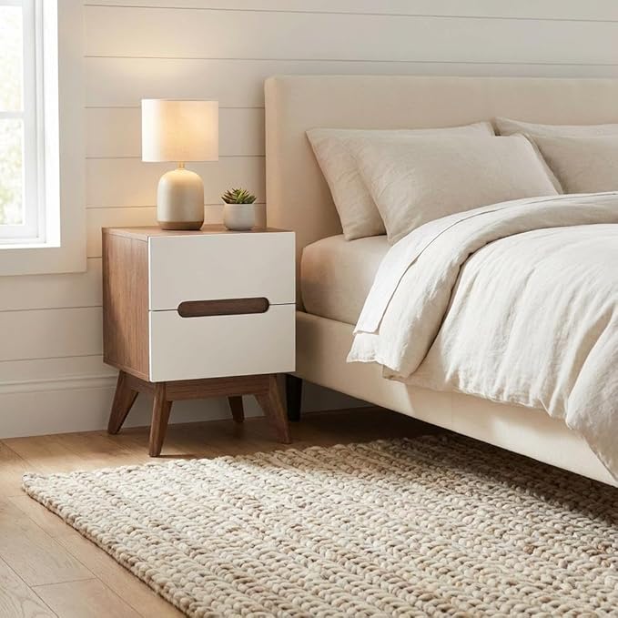 Furnifact White Mid-Century Modern Nightstand, Walnut Accents, 3 Spacious Drawers, Durable Construction, Easy Care, Single Piece Bedroom Storage Solution