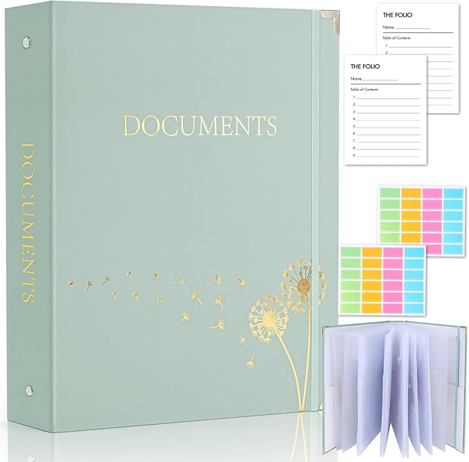 XKDOUS Document Organizer with Gold-Foiled Hardcover, 9 Pockets & Labels 3 Ring Binder for Important Papers End of Life Planner Expanding File Storage Accordion Folio Folders