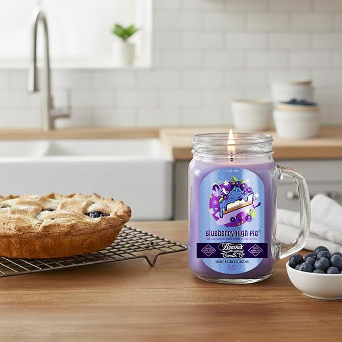 Blueberry High Pie Candle – Odor Eliminating, Strong Scent – Blueberry Pie with Baked Pastry – Long Lasting 90 Hour Burn – Large 12oz Mason Jar – Made in USA – Beamer Candle Co.