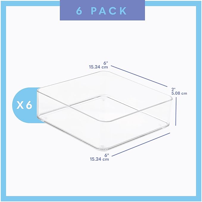 primebox Plastic Clear Drawer Organizers. Bathroom, Kitchen, Bedroom, Makeup, Office Organizer Bins, Storage Trays. Heavy Duty, Stackable. 6" x 6" x 2" Set of 6