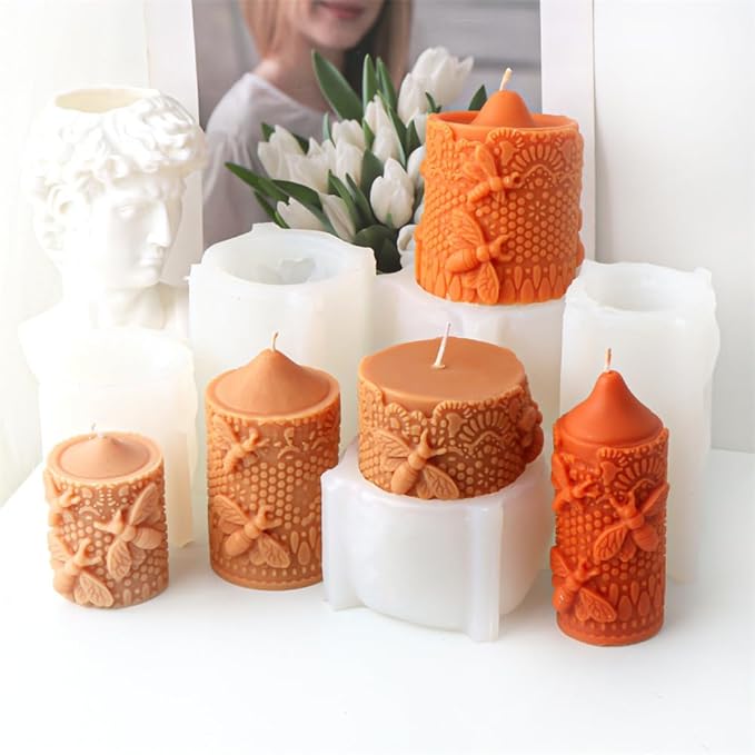 Bee Lace Trim Cylinder Candle Mold, Honeybee Beehive Pillar Silicone Mold for Beeswax Candle, Soy Wax Candle, Plaster Ornament, DIY Crafts (G)