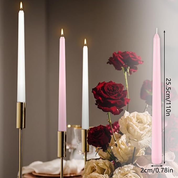 10-Inch Pink and White Taper Candles|24Pack Unscented, Smokeless,Hand-Poured CandleSticks,Perfect for Valentine’s Day, Weddings, Parties, Shabbat, Baby Shower, Birthday,Girls' Night,Home Décor
