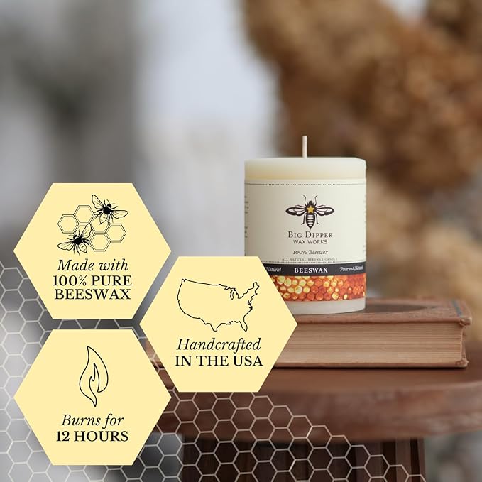Big Dipper Wax Works Ivory White Pillar Candle, 40-Hour Long Burn, Pure Beeswax Candle, 2" x 4.75”