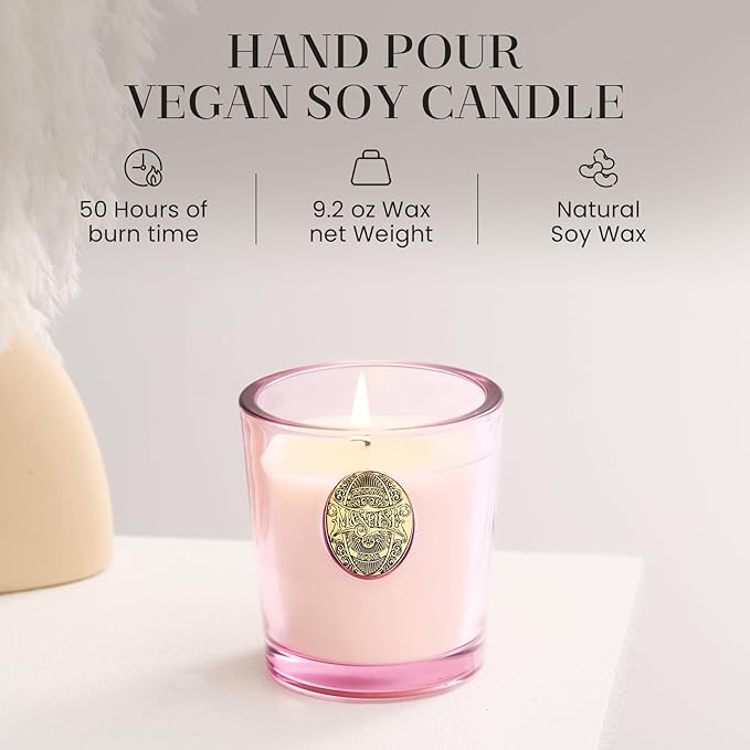 M&SENSE Natural Soy Candle | Jasmine & Pink | 9.2 oz, 50H Burn Time | Candle Gift for Her | Scented Candle for Valentine’s Day