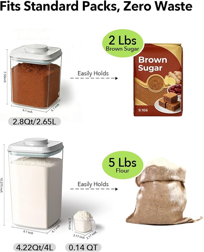 Airtight Food Containers Set with One-Touch Lid, Mixed Size Set (2.8 Qt *2+ 4.2 Qt *4) with Scoop, Stackable Jars for Complete Kitchen Organization