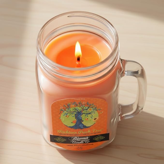Michigan Peach Tree Candle – Odor Eliminating, Strong Scent – Ripe Juicy Peach – Long Lasting 90 Hour Burn – Large 12oz Mason Jar – Made in USA – Beamer Candle Co.