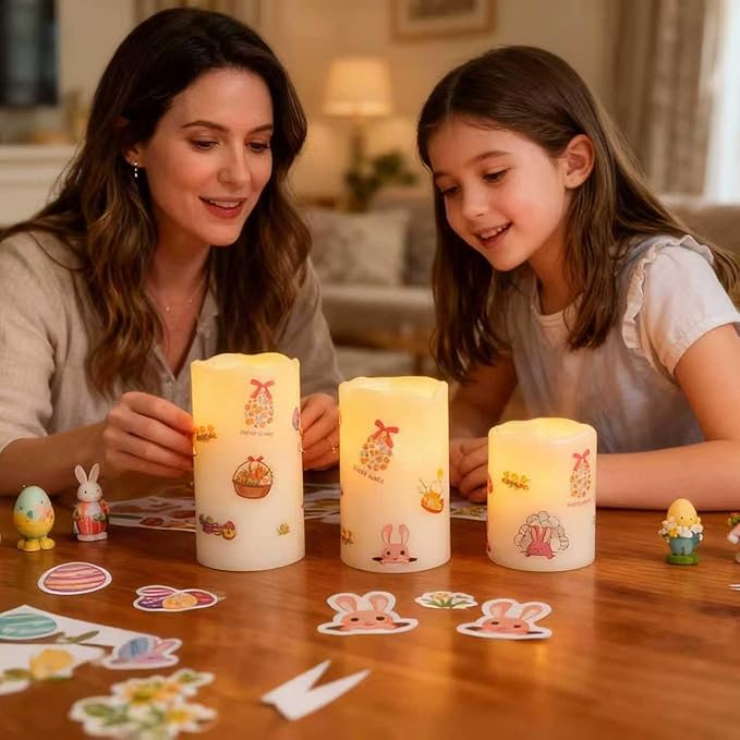 Seasonal Flameless Candle Kit – 3 Reusable Battery Operated Wax Candles with Remote & Timer & 18 Festival DIY Stickers Designed for Party Decor, July 4th, Halloween, Thanksgiving, Christmas & Easter