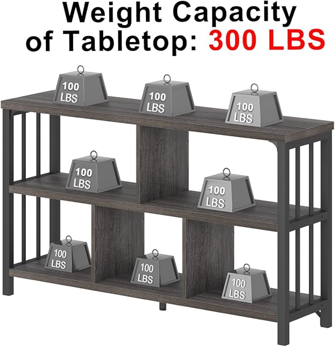 IBF Industrial 5 Cube Storage Organizer Bookshelf, Rustic Low Horizontal Book Shelf, Metal and Wood Cube Bookcase for Bedroom, Modern Wide Cubby Shelf for Living Room Home Office, Dark Grey Oak, 47 In