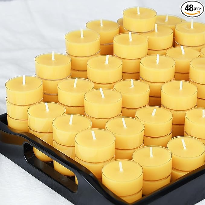 48 Pack Natural Yellow Pure Beeswax Tealight Candles - Organic Small Candle Natural Scent Smokeless Clean Burning