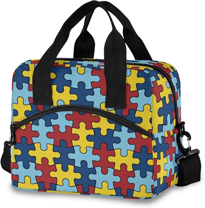 CBBYY Autism Awareness Colorful Puzzle Piece Lunch Bags for Women Men, Reusable Insulated Lunch Box, Adjustable Shoulder Straps Tote Lunch Bag for Work Picnic School