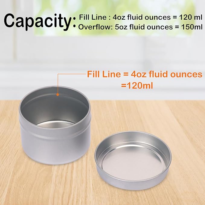 48 Pack 4 oz Sliver Metal Candle Tins with Lids, Round, Matte Finish, for DIY Candle Making and Storage