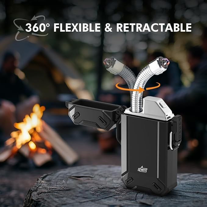 Dual Arc USB Rechargeable Electric Camp Lighter with Retractable Flexible Long Neck Waterproof Windproof Lighter for Outdoor, Grill and Candle (Black)