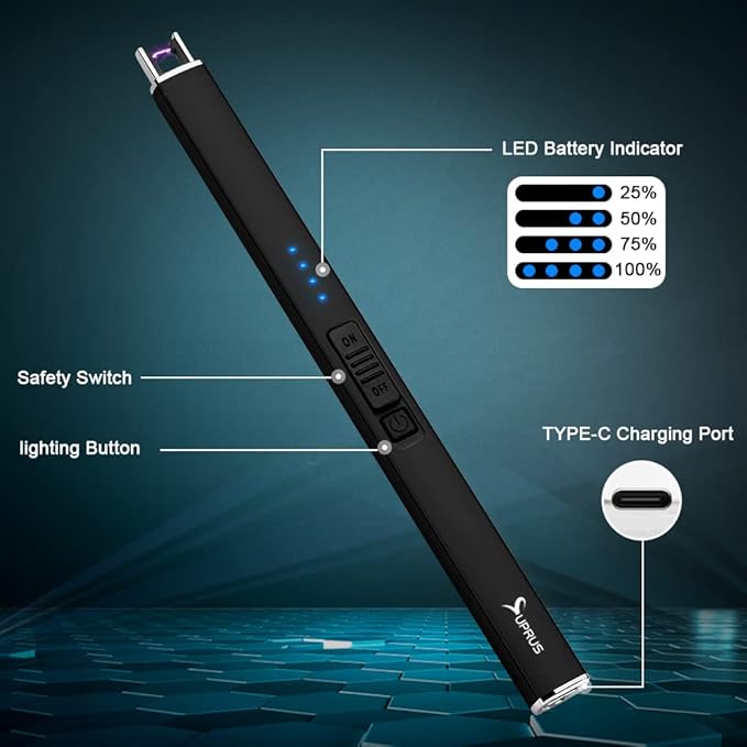SUPRUS Electric Lighter Arc Windproof Flameless USB Rechargeable Lighter with Safety Lock for Candle BBQ Camping Gifts for Women Mom(Black)