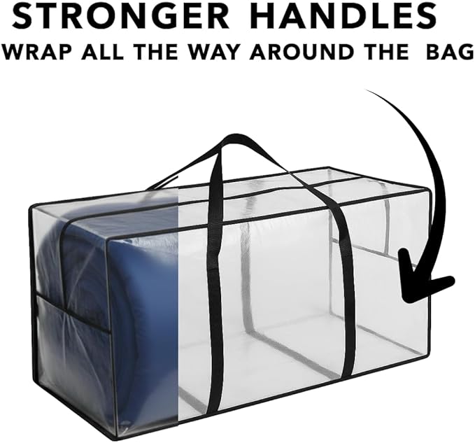 68.5 GAL 2 Pack XXL Jumbo Extra Large Heavy Duty Stronger Handles Storage Bags Moving Totes Zippered Reusable Wrap Around Handle Storage Totes (Translucent/Semi-Transparent)
