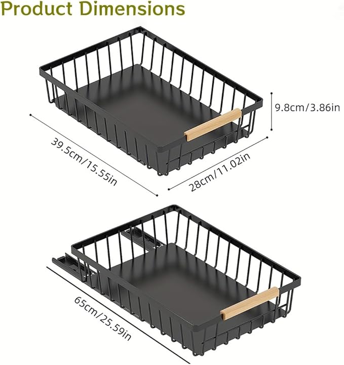 2 Pack No Drill Pull Out Cabinet Organizer, Premium Carbon Steel Slide-Out Drawer with strong nano adhesive, Under Cabinet Storage Shelf for Kitchen, Pantry, Bathroom, Black