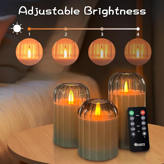Rechargeable Flameless Candle, Flashing LED Pillar Real Wax Candle with Remote Control and Timer, Green Pumpkin Glass Electronic Candles for Room Decoration, 1 Set of 3