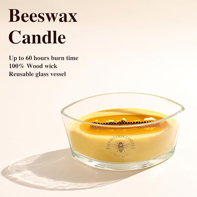 DEVI Pure Beeswax Candles Jar Candles 2 Pcs, Large Bees Wax Candles for Home Unscented 14 oz, Gifts for Women & Men, Emergency Candles, 50-60 Hours Burning, Non Toxic Candles, Paraffin-Free