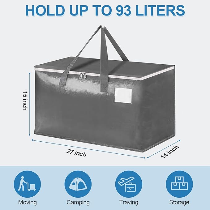 Three-layer Reinforced Moving Bags, 6 Pack Extra Large 93L 60lb Heavy Duty Moving Totes with Strong Zippers & Handles, Easy Open Lids, Water-Resistant, Storage Totes, Fold Flat
