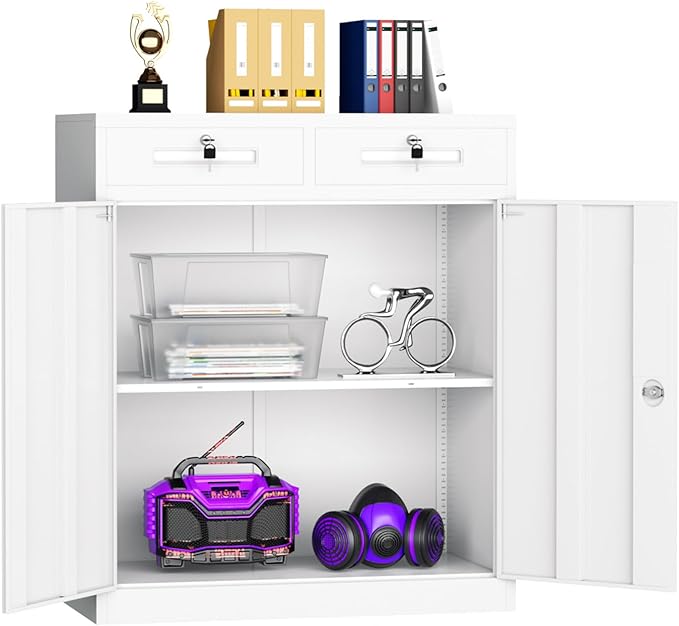 Superday Lockable Storage Cabinet with 2 Drawers, 36" Metal Storage Cabinets with Locking Doors and Adjustable Shelves, White Metal Locking Cabinet for Home Office Garage School