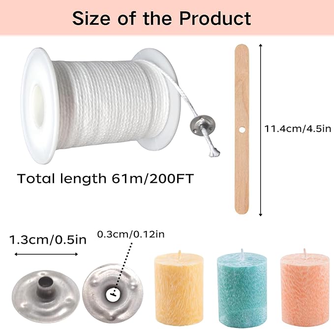 【200 Feet】Candle Wick Roll with 125 Pcs Metal Candle Wick Sustainer Tabs, 80Pcs Candle Wick Stickers and 5Pcs Wooden Candle Wick Centering Device, 61m Natural Cotton Candle Wicks for Candle Making Kit