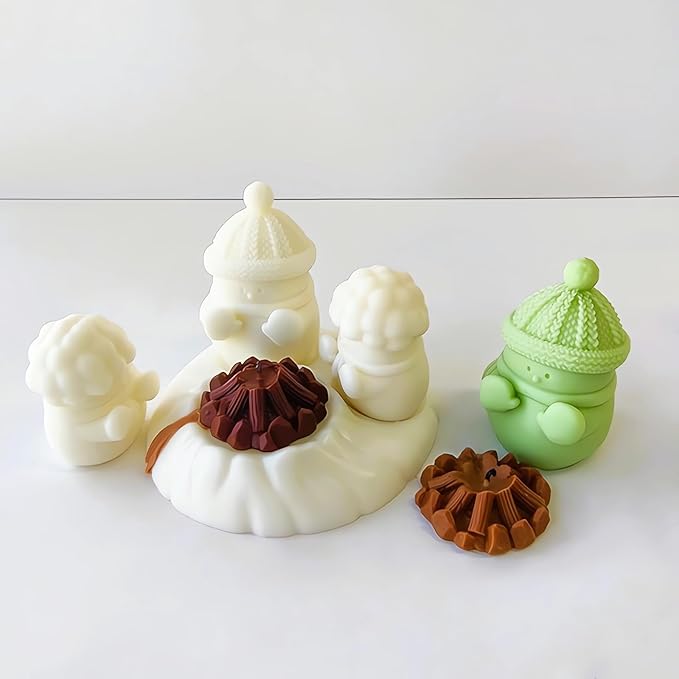 Snowman Silicone Mold, Snowman Warm at a Fire Candle Mold for Soap Soy Wax DIY Handcraft, Yeti Resin Mold Gift Wedding Party Home Dinner Festive Days Car Decoration (Curly Hair Snowman)