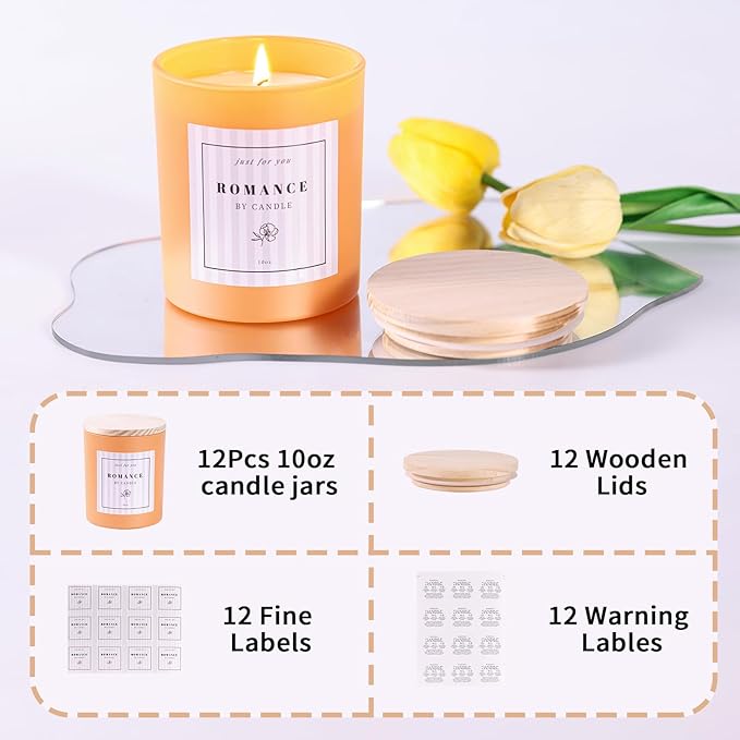REISEN 12Pcs Assorted Orange Candle Jars for Making Candles, 10oz Glass Candle Containers with Bamboo Lids and Labels, DIY Candle Making Supplies