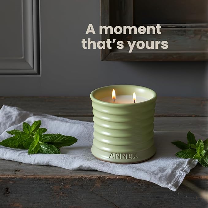 Annex Melon & Juniper Luxury Scented Candle - 8oz Handmade Green Ceramic Jar Candle - 50hr Clean Burn, 100% Non-Toxic Soy Wax, Aesthetic Home Decor Winter Gift for Men Women - Botanical Crisp Scent