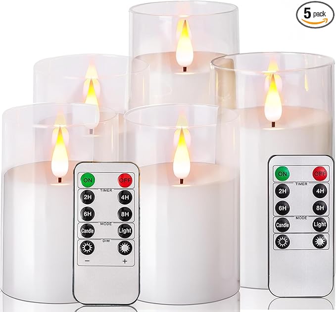 NICEME Pure White Flickering Flameless Candles, Battery Operated Acrylic LED Pillar Candles with Remote Control and Timer, Set of 5