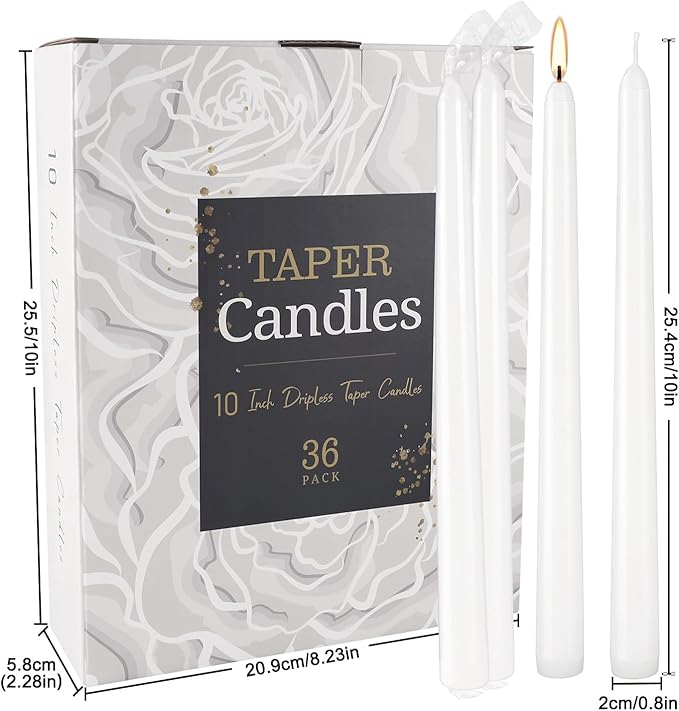 36 Pack White Taper Candles 10 Inch - Premium Unscented Dripless & Smokeless Long-Burning Candles for Wedding Decor, Fine Dining, Candelabras, Romantic Dinner, and Elegant Home Decor