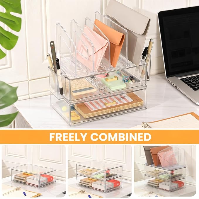 LALOBLUE Acrylic Desk Organizer with Drawer, Office Supplies,Organization Storage, 2 PC Drawer Organizer with 4 File Sorter, Desk Organizers and Accessories, Clear Acrylic File Organizer