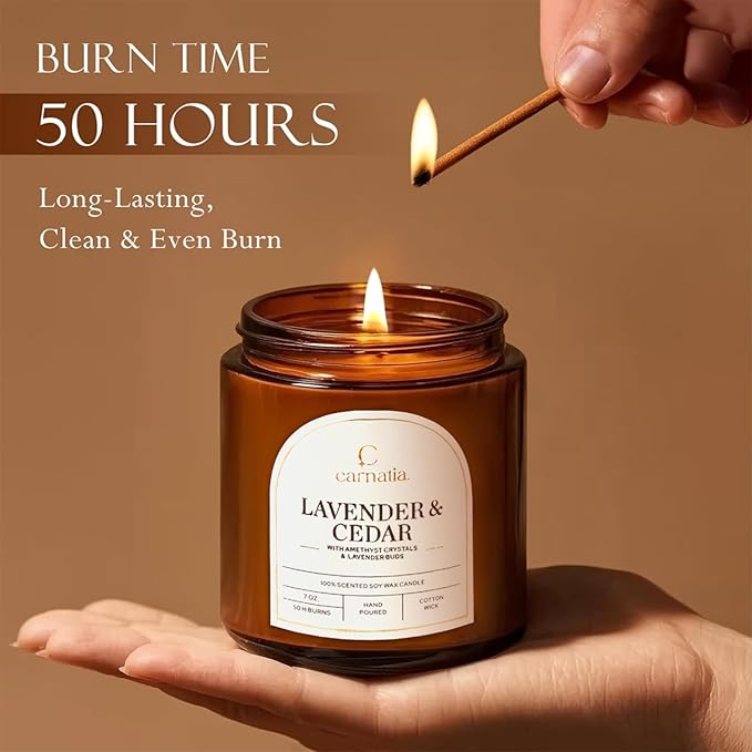 Carnatia Lavender & Cedar Scented Candle – 7 oz | 100% Soy Wax with Cotton Wick | 50 Hour Burn | Aromatherapy Candle for Home, Calm Focus & Relaxation | Gift for Women & Men